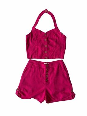 NWT Moon River Vibrant Pink 2-Piece Linen Blend Short & Halter Vest Set Size-Med